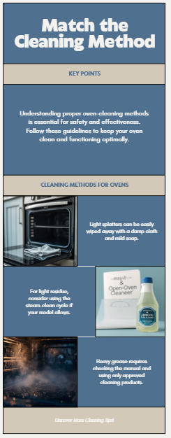 Decision chart matching light, baked-on, and heavy oven soil to approved cleaning options.
