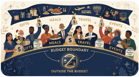 Holiday savings divided among gifts, meals, travel, and events within one cash spending limit. - Fund holidays