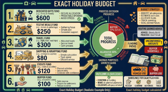 Hypothetical holiday costs totaling $1,450 across gifts, meals, travel, shipping, events, and a buffer.