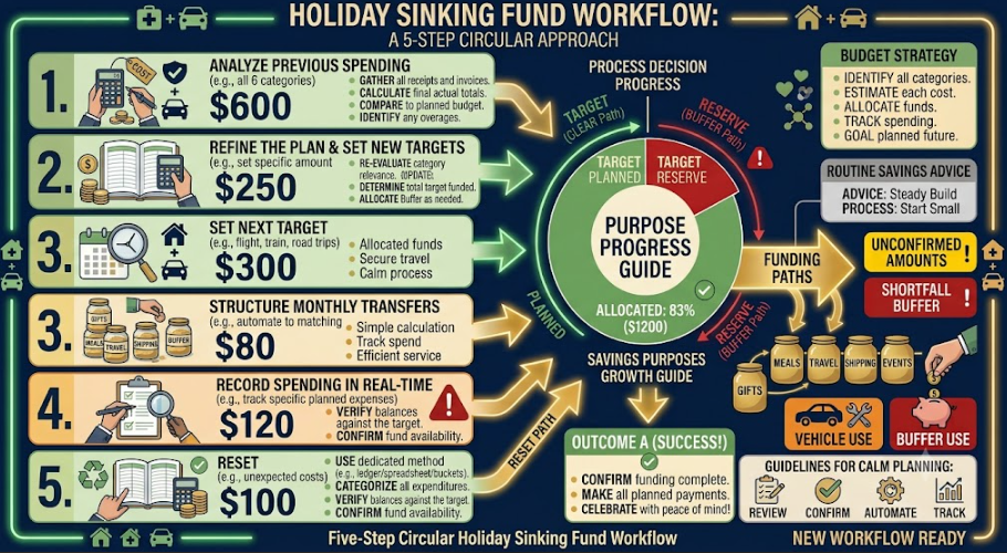 Five-step holiday fund cycle from reviewing actual costs to setting and tracking the next savings target.