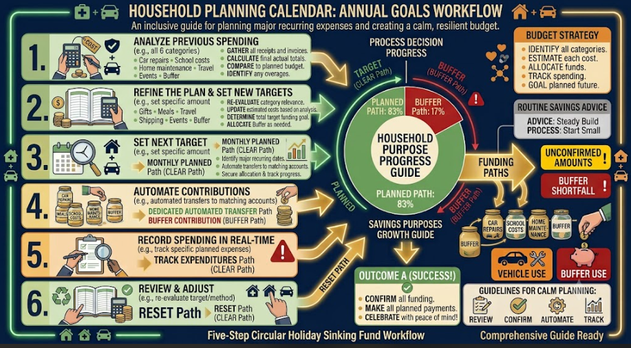 Household planning vehicle, school, and home expenses on a shared annual savings calendar. Practical plan for car.