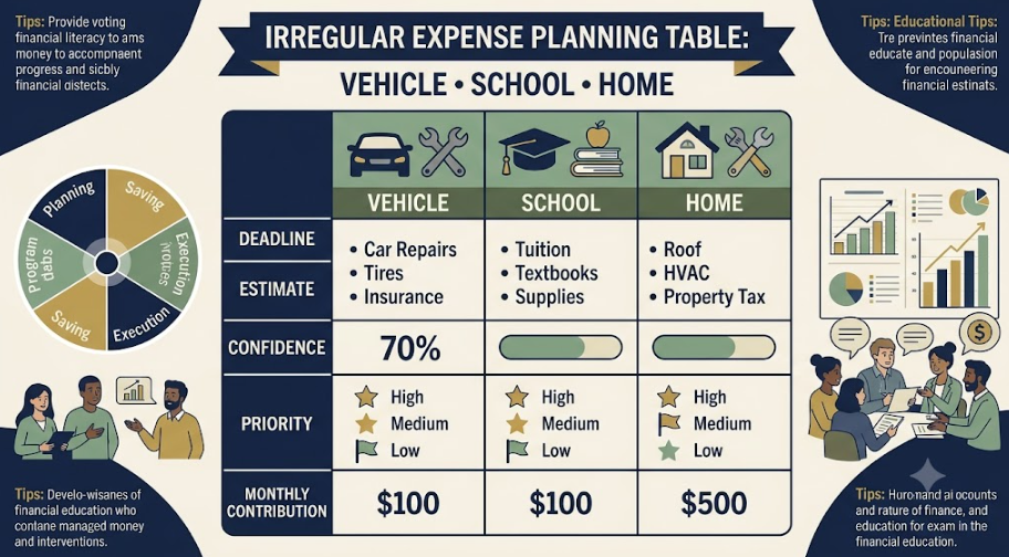 Planning table comparing deadlines, confidence, priorities, and contributions for car, school, and home costs
