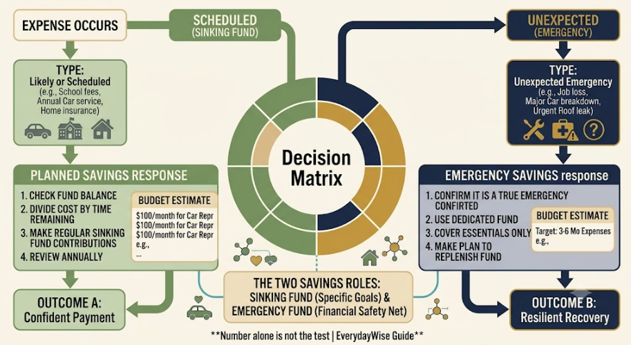 Decision flow separating scheduled, likely, and unexpected household costs into planning, review, or emergency response.