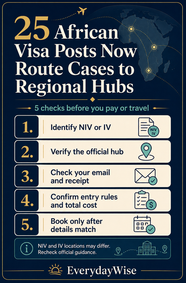 Five-step EverydayWise card explaining how African U.S. visa applicants can verify their visa type, official hub, appointment and fee, entry rules, and travel cost before booking. - US visa hubs