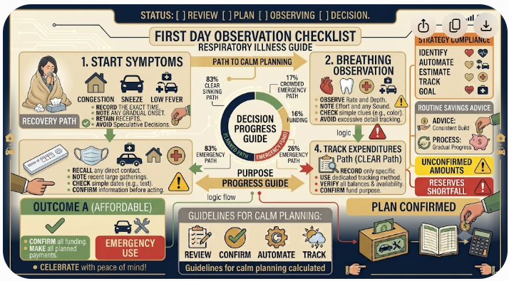 Seven-field checklist for recording the first day of a respiratory illness and deciding the next step.