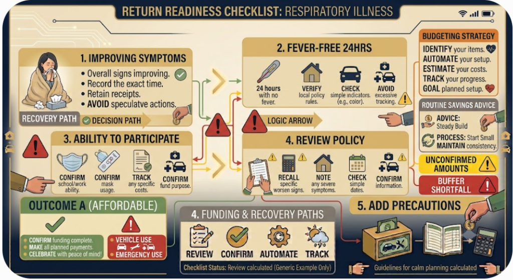 Return-readiness checklist for improvement, fever, participation, policy, and five days of added precautions.