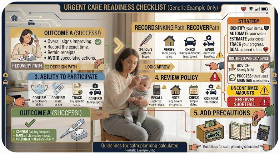Fever decision card using age, measurement method, condition, trend, and warning signs to choose a next step.