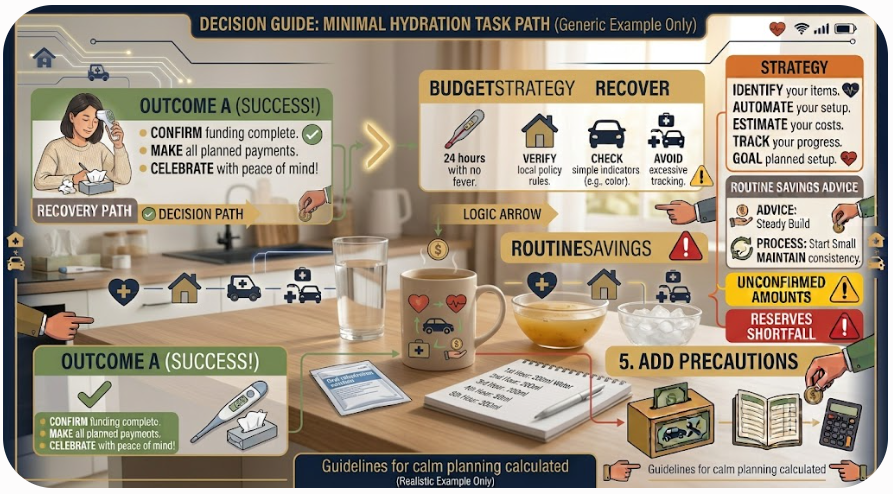 hydration during illness - Water, tea, broth, oral rehydration solution, and an intake note arranged for sick-day hydration.