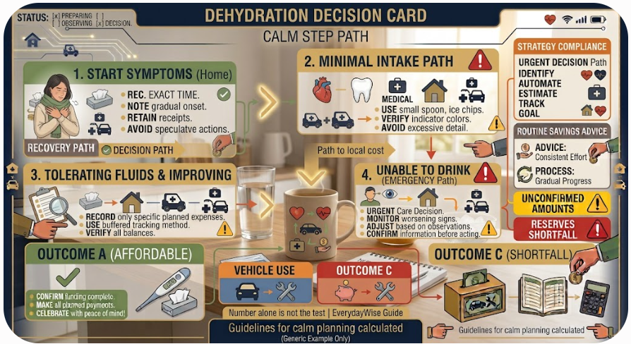Hydration decision card showing when to monitor, call a clinician, or seek urgent care.
