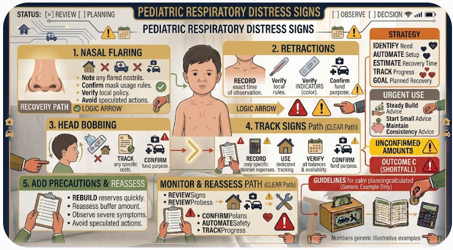 Illustration showing rib and neck retractions, nostril flaring, and head bobbing as signs of increased breathing effort in a child.