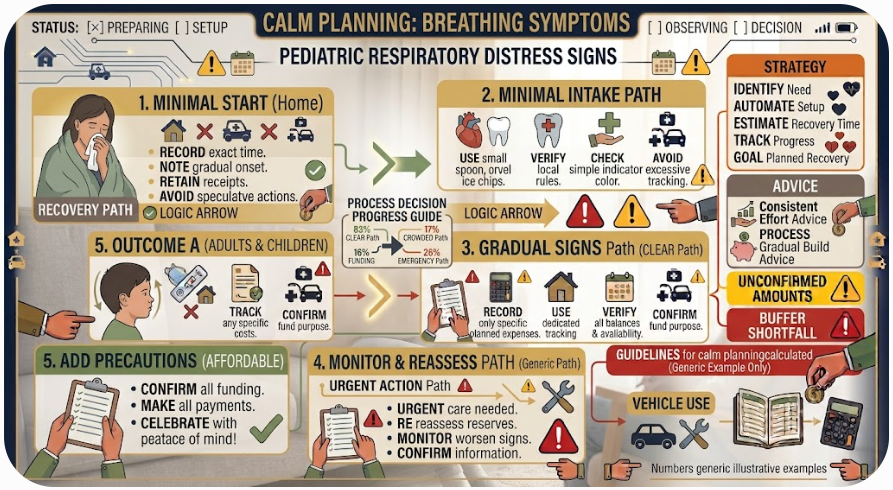 Decision flow using breathing effort, function, color, alertness, and trend to choose emergency help, prompt advice, or observation.