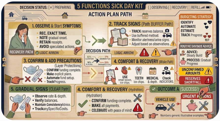 Infographic grouping sick-day supplies into observation, comfort, spread reduction, individual care plans, and contact or refill needs.