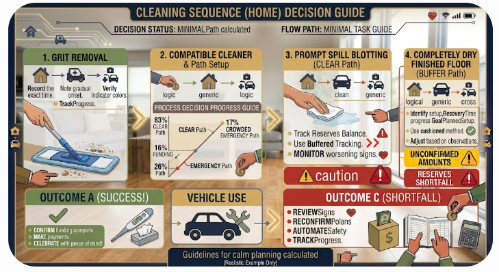 Four-step hardwood routine showing grit removal, compatible cleaner, spill blotting, and a dry floor.