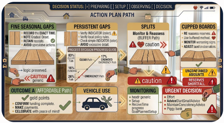 Comparison of seasonal hardwood gaps, persistent gaps or splits, and cupped boards with raised edges.