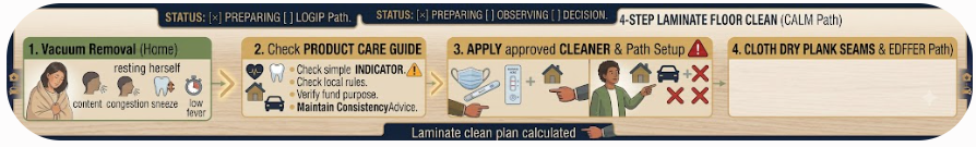 Four-step laminate routine showing grit removal, care-guide check, minimal cleaner, and dry seams.