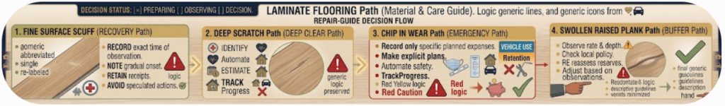 Comparison of a laminate surface scuff, a scratch or chip, and a swollen raised seam.