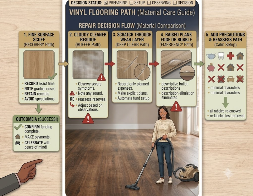 Comparison of vinyl floor residue, a scuff, a scratch, and a raised plank edge.