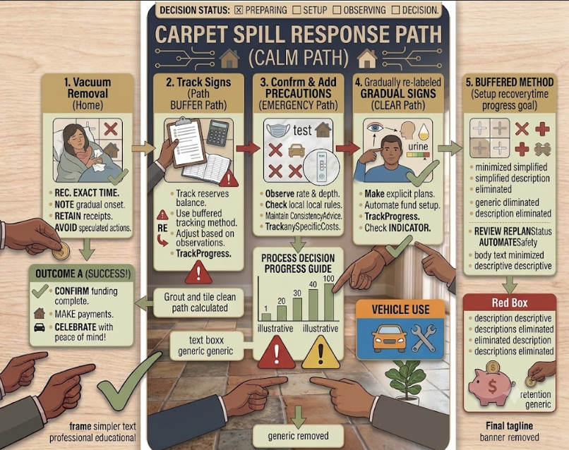 Safe carpet spot-cleaning sequence from spill identification through drying.
