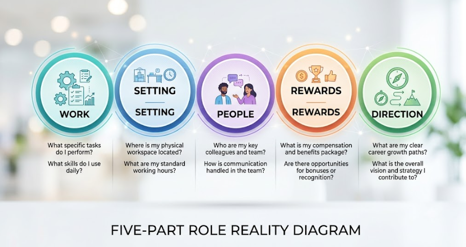 A diagram of five role dimensions: work, setting, people, rewards, and future direction.