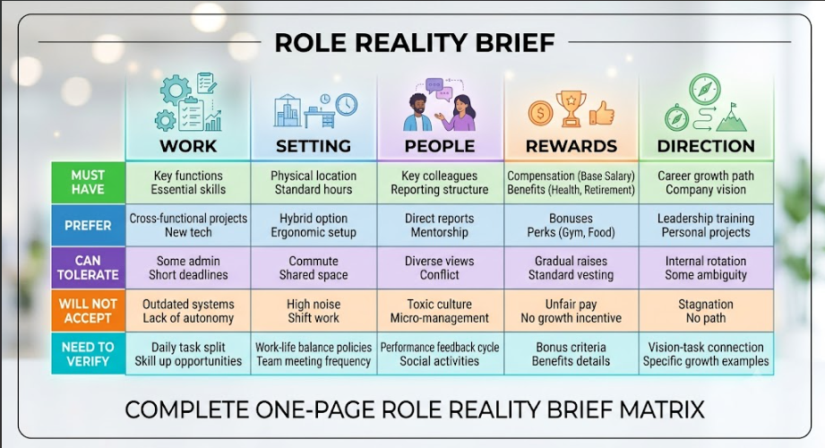 A one-page Role Reality Brief organizing career priorities by five dimensions and five levels of importance.