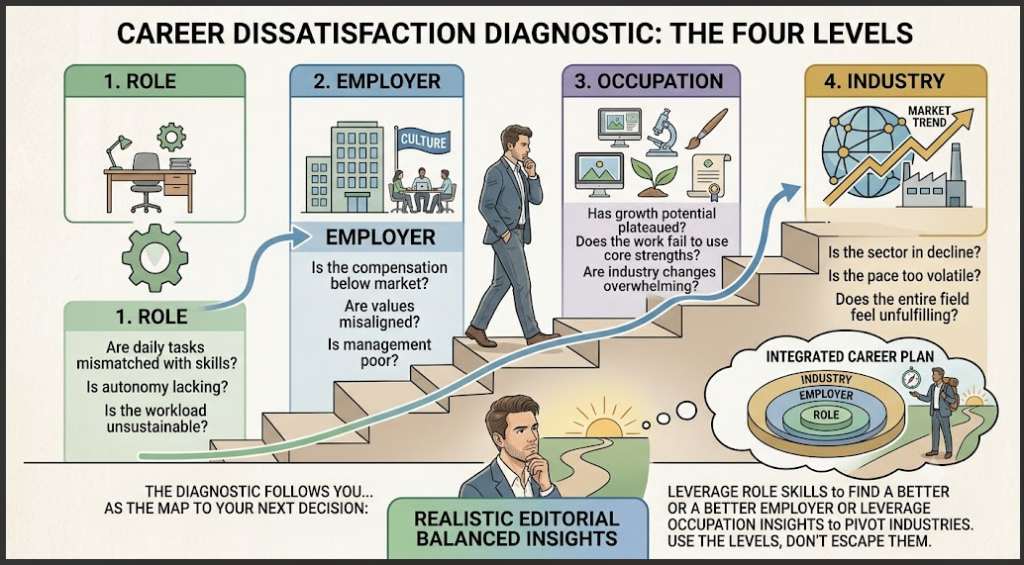 Four-level diagnostic separating role, employer, occupation, and field problems.