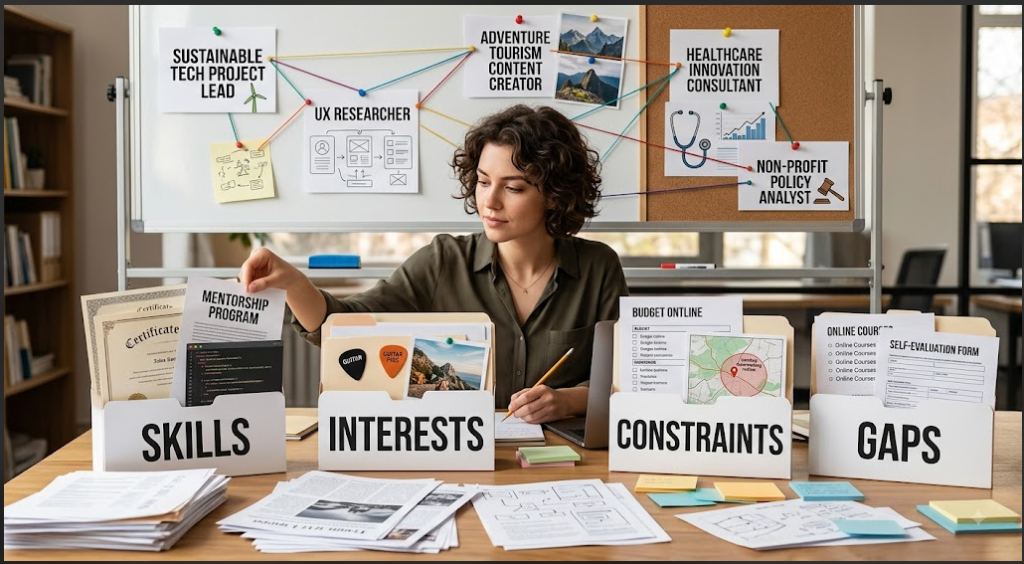 Person organizing career evidence into skills, gaps, constraints, interests and career.