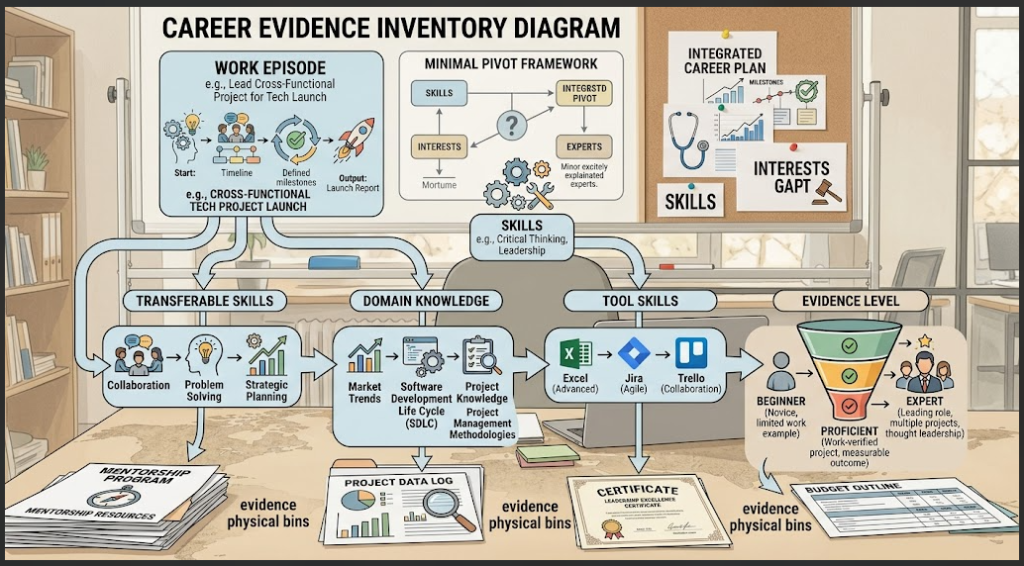 Diagram translating a completed experience into skill categories and evidence levels