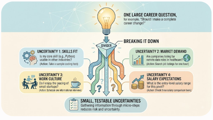 A broad career question divided into smaller questions about tasks, learning, environment, and constraints - test a career