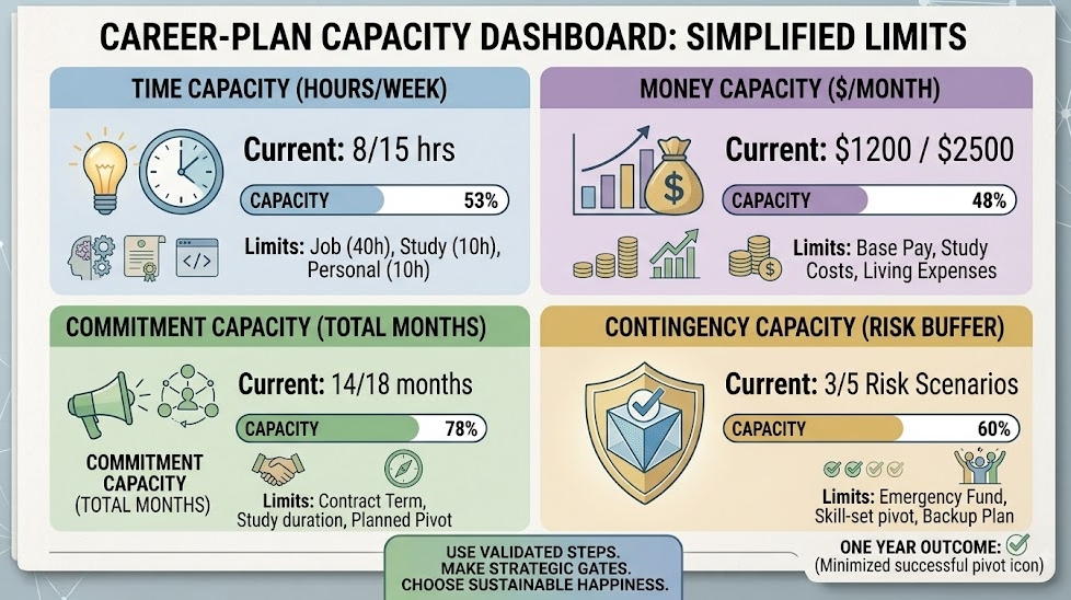 A career planning dashboard with separate limits for money, time, commitment, and contingency.
