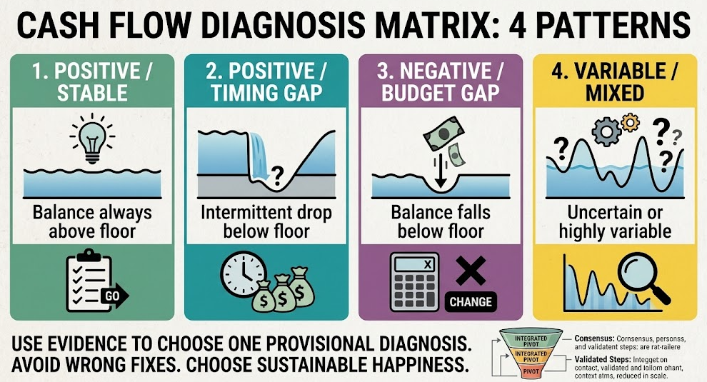 A matrix distinguishing a timing gap, a budget gap, a mixed problem, and a plan whose totals and timing both work.