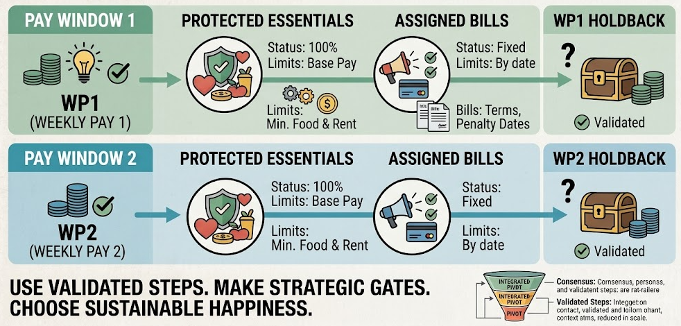 A paycheck-to-bill map assigning bills and protected essential spending across two pay periods.