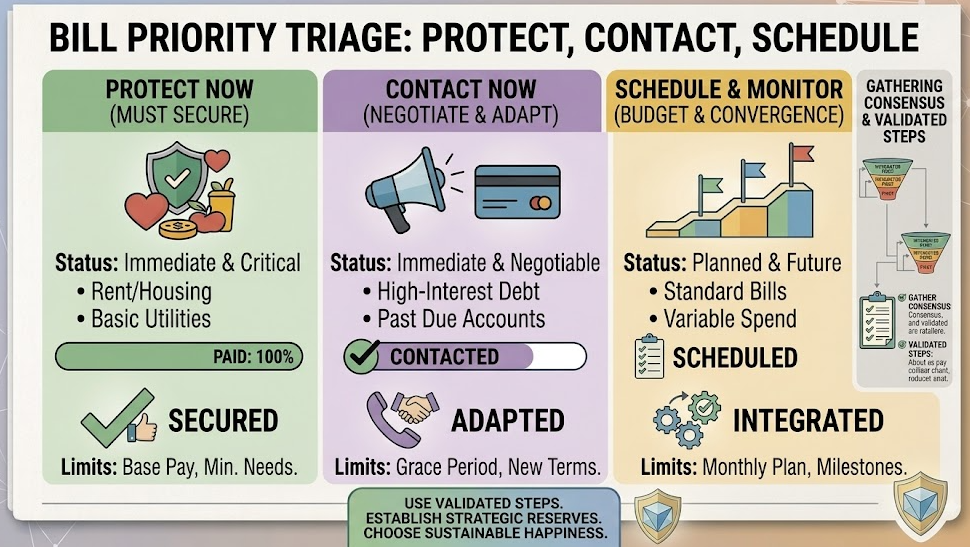 A bill-priority worksheet sorting obligations into protect now, contact now, and schedule and monitor.