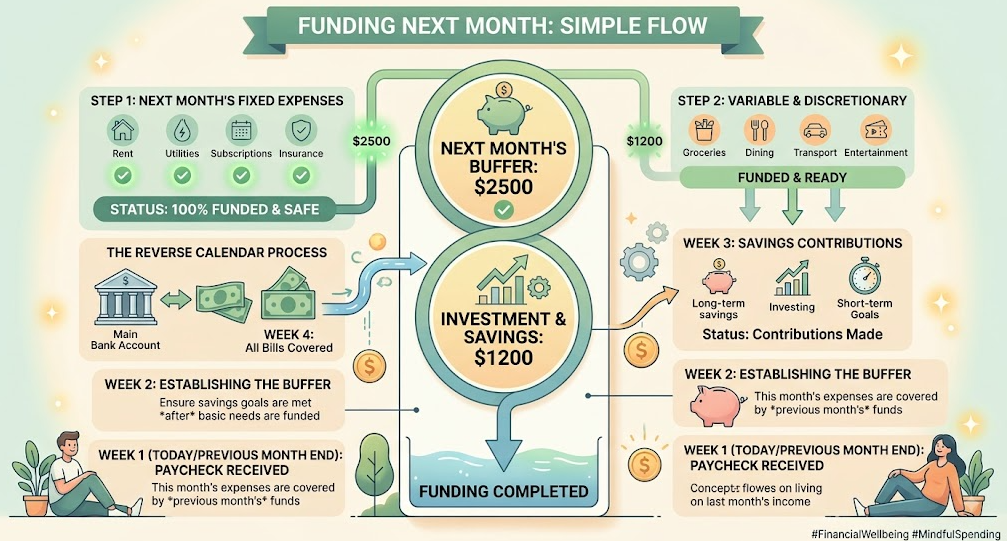 A reverse calendar working back from a fully funded month of recurring essential expenses to smaller contributions made today. - One-Month Cash Buffer