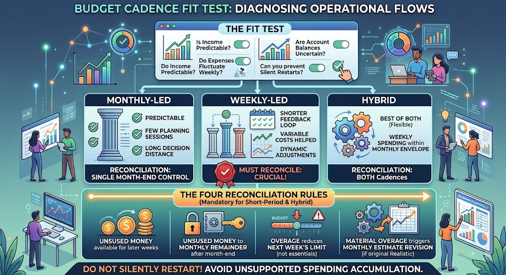 A budget cadence decision flow using pay pattern, spending variation, detection need, and review capacity to choose monthly, weekly, or hybrid budgeting.