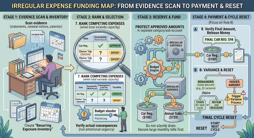 A decision map for classifying an irregular expense, calculating its funding need, testing priority, paying it, and resetting the plan.