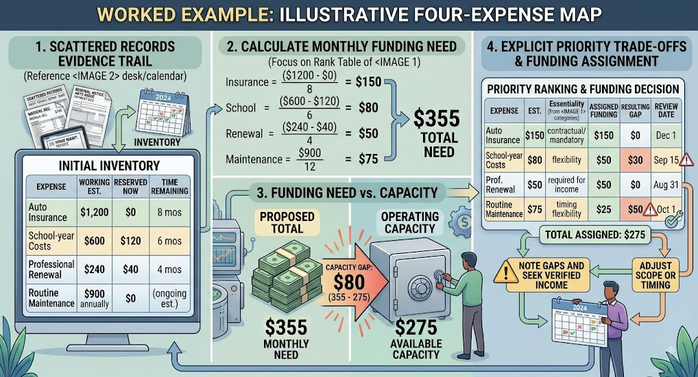 An illustrative irregular-expense plan showing a 355 dollar monthly need, 275 dollars of capacity, and explicit priority trade-offs.
