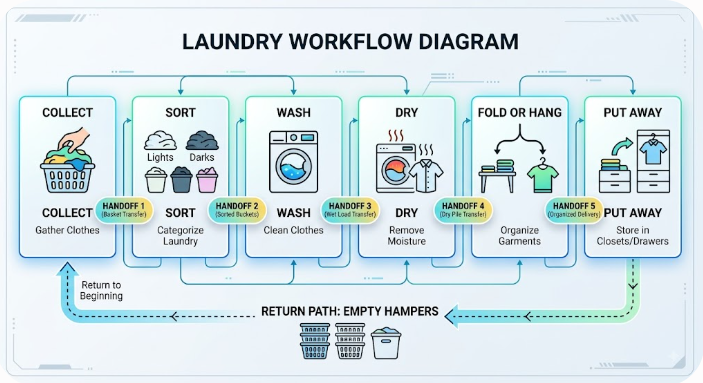 Six-stage laundry loop from collection and sorting through washing, drying, folding, and putting away.