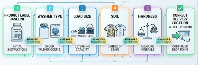 Detergent dose decision based on the label, washer type, load, soil, hardness, product form, and placement.