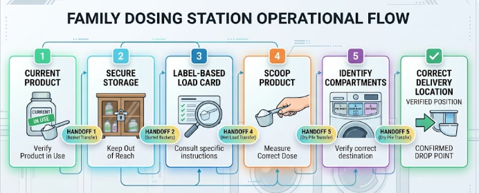 Secure laundry products beside a dated household dosing card and clearly identified washer compartments.