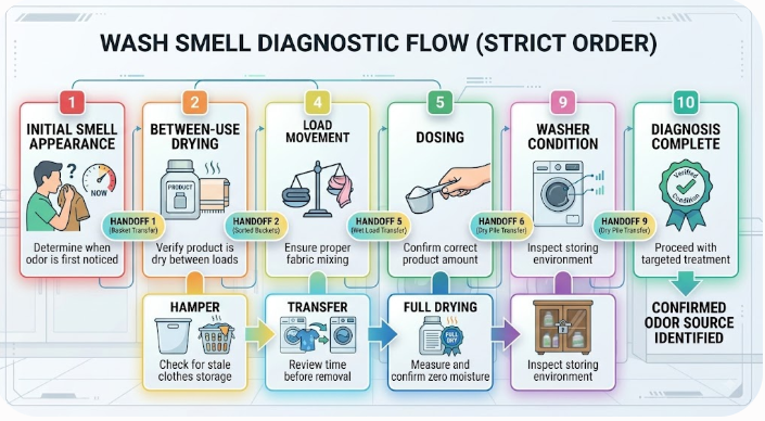 Towel odour diagnosis follows moisture from use and hamper through washing, drying, storage, and reuse.