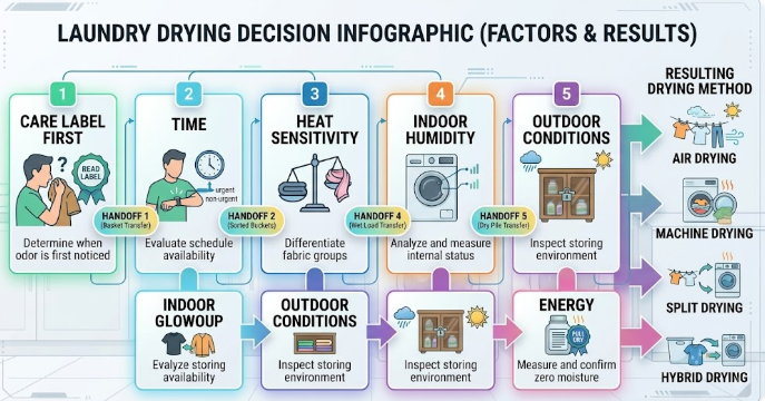 A drying decision flow uses the care label, deadline, fabric sensitivity, humidity, and weather to choose air, machine, split, or hybrid drying.