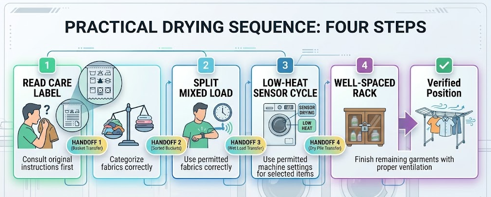 A mixed load is checked, divided, partly machine-dried where permitted, and finished on a spaced rack.
