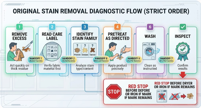 A stain-treatment flow moves from removing excess and reading the care label to pretreating, washing, and checking before heat.