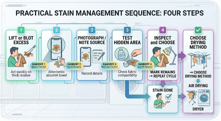 A stained garment is stabilized, identified, spot-tested, and inspected in good light before drying.