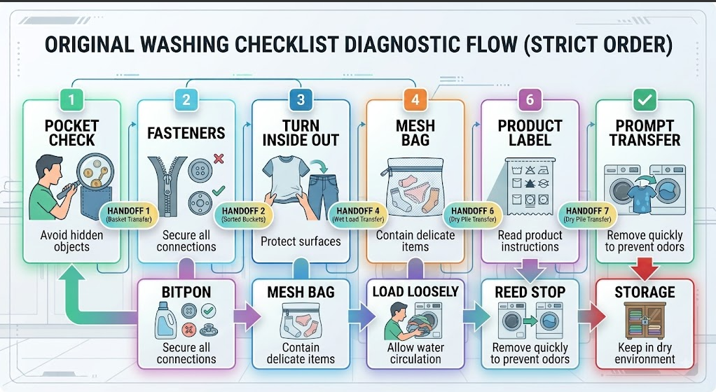 A laundry checklist moves from pocket checks and fasteners to loading, product labels, transfer, and storage.
