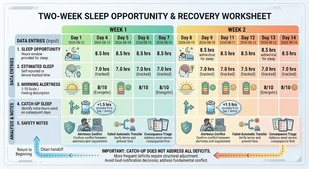 A two-week worksheet compares sleep opportunity and estimated sleep with morning alertness, catch-up sleep, and safety notes.