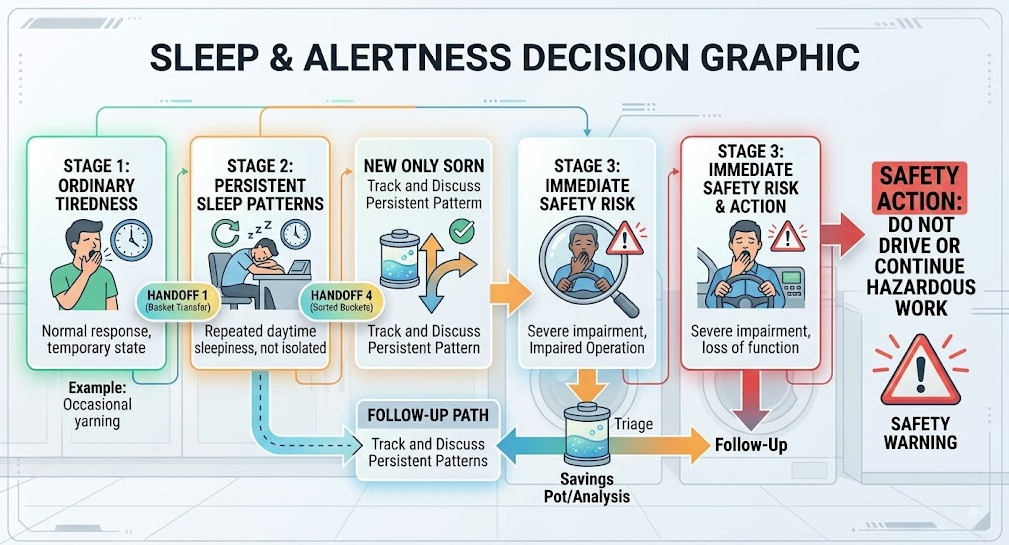 A decision guide separates ordinary tiredness, persistent daytime sleepiness, and immediate driving or work safety risk.