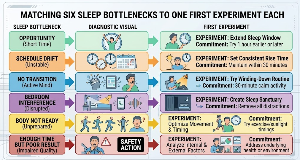 A decision guide matches six common sleep bottlenecks to one practical first experiment.
