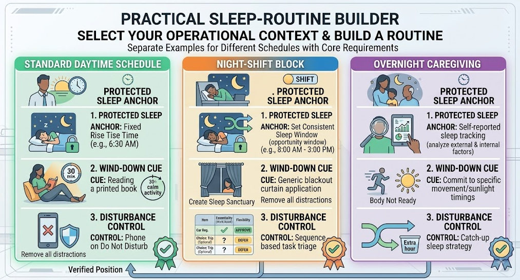 Three timelines adapt a protected sleep anchor, wind-down cue, and disturbance control for daytime work, night shifts, and caregiving.