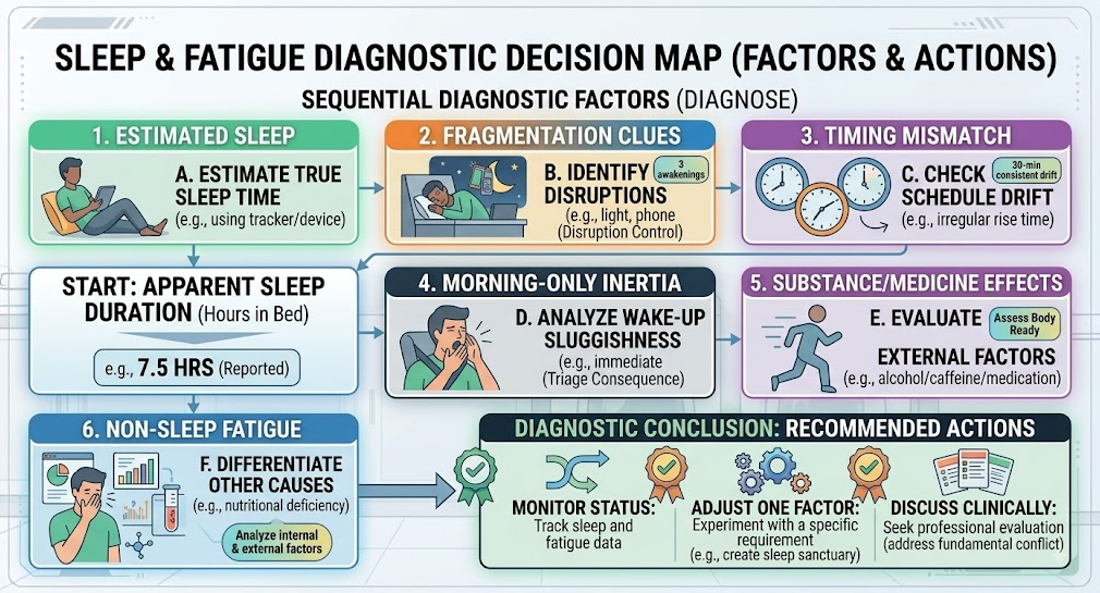 A decision map narrows unrefreshing sleep through actual duration, fragmentation, timing, symptom type, and health context.